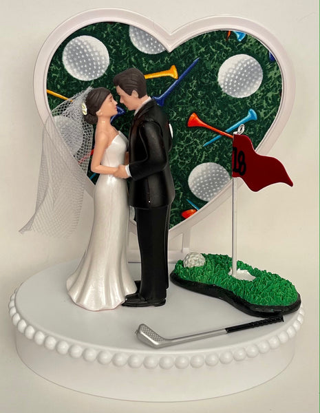 Wedding Cake Topper Golf Cart Themed 18th Hole Golfing Sports Fans Cute Short-Haired Bride Groom One-of-a-Kind Bridal Shower Reception Gift