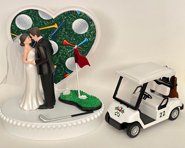 Wedding Cake Topper Golf Cart Themed 18th Hole Golfing Sports Fans Cute Short-Haired Bride Groom One-of-a-Kind Bridal Shower Reception Gift