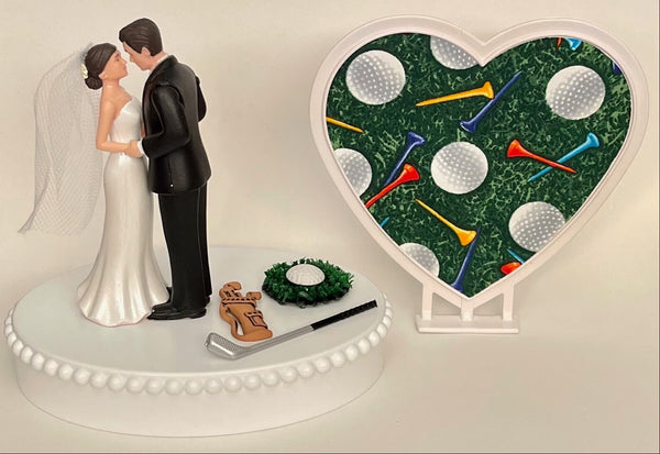 Wedding Cake Topper Golfing Themed Sports Fans Golf Clubs Cart Turf Cute Short-Haired Bride Groom One-of-a-Kind Bridal Shower Reception Gift