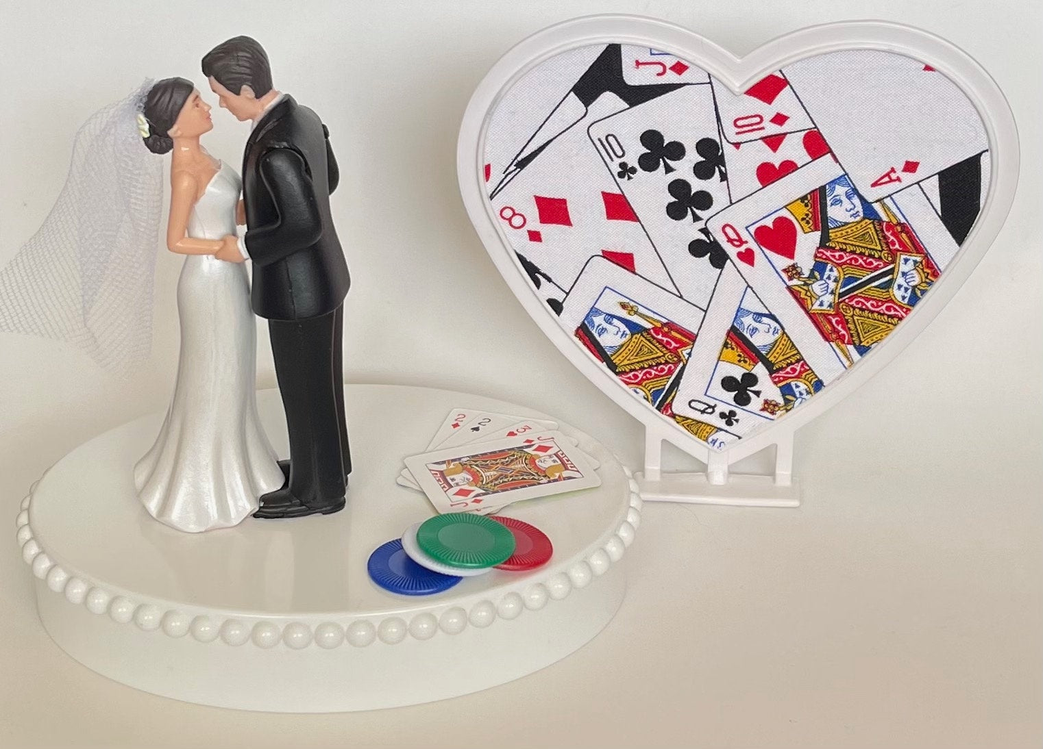 Wedding Cake Topper Playing Cards Themed Blackjack Poker Chips Pretty Short-Haired Bride Groom OOAK Heart Bridal Shower Reception Gift Idea