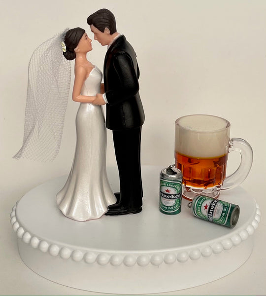 Wedding Cake Topper Heineken Beer Themed Mug Cans Drinker Pretty Short-Haired Bride and Groom OOAK Bridal Shower Reception Groom's Cake Gift