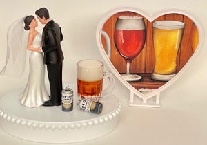 Wedding Cake Topper Corona Extra Beer Themed Mug Cans Drink Pretty Short-Haired Bride Groom OOAK Bridal Shower Reception Groom's Cake Gift