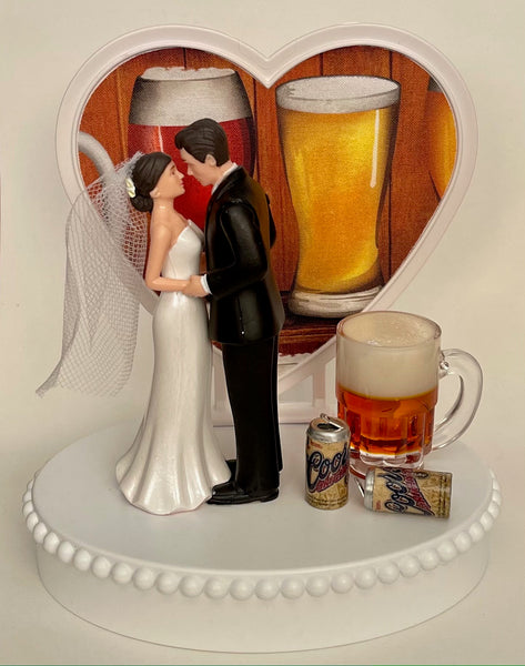 Wedding Cake Topper Coors Beer Themed Mug Cans Drink Pretty Short-Haired Bride Groom Unique Bridal Shower Reception Fun Groom's Cake Gift