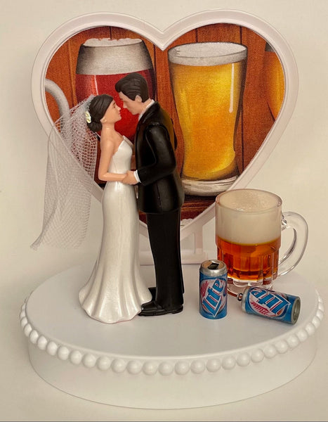 Wedding Cake Topper Miller Lite Beer Themed Mug Cans Drink Cute Short-Haired Bride Groom OOAK Bridal Shower Reception Fun Groom's Cake Gift