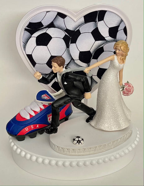 Wedding Cake Topper USA Soccer Themed United States Running Humorous Bride and Groom One-of-a-Kind Funny Sports Fans Groom's Cake Top