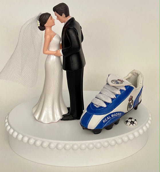 Wedding Cake Topper Real Madrid CF Soccer Themed Spanish Football Spain Pretty Short-Haired Bride and Groom Sports Fan Groom's Cake Top