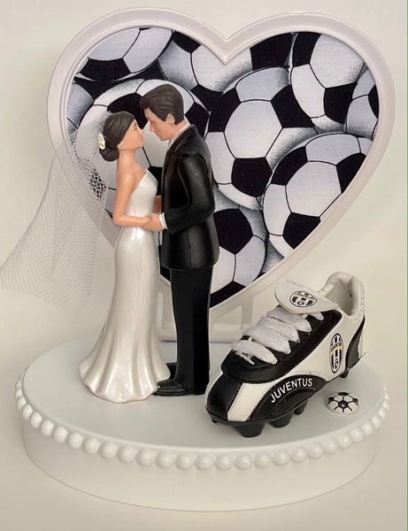 Wedding Cake Topper Juventus FC Soccer Themed Italian Football Italy Juve Pretty Short-Haired Bride and Groom Sports Fan Groom's Cake Top