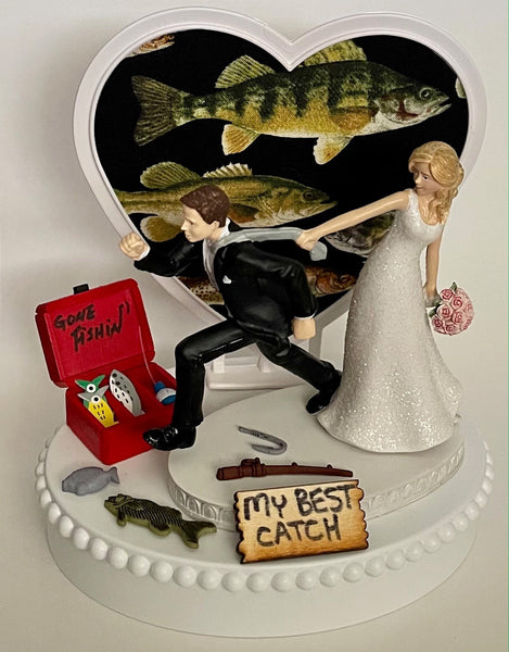 Wedding Cake Topper Fishing Themed Gone Fishin' My Best Catch Fish Pole Hook Tackle Box Running Bride Groom Hobby Funny Bridal Shower Gift