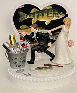 Wedding Cake Topper Fisherman Themed Fishing Beer Catch of the Day Bucket Fish Pole Hook Running Bride Groom Hobby Funny Bridal Shower Gift