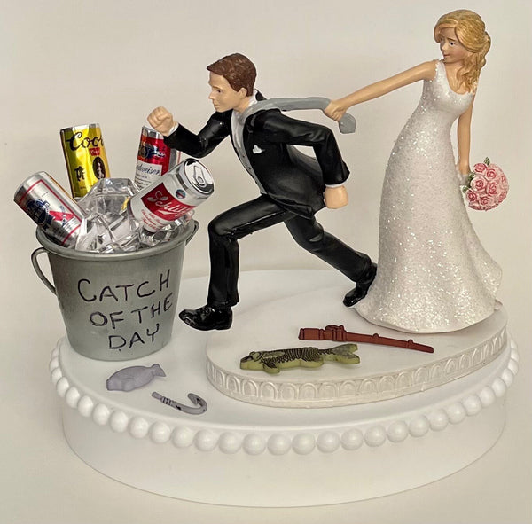 Wedding Cake Topper Fisherman Themed Fishing Beer Catch of the Day Bucket Fish Pole Hook Running Bride Groom Hobby Funny Bridal Shower Gift
