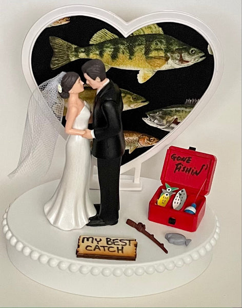 Wedding Cake Topper Gone Fishin' Fishing Themed My Best Catch Tackle Box Fish Pole Pretty Short-Haired Bride Groom OOAK Groom's Cake Top