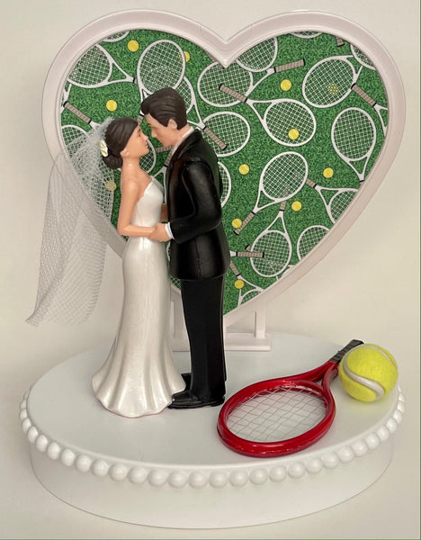 Wedding Cake Topper Tennis Themed Sports Fans Racket Ball Pretty Short-Haired Bride and Groom One-of-a-Kind Bridal Shower Reception Gift