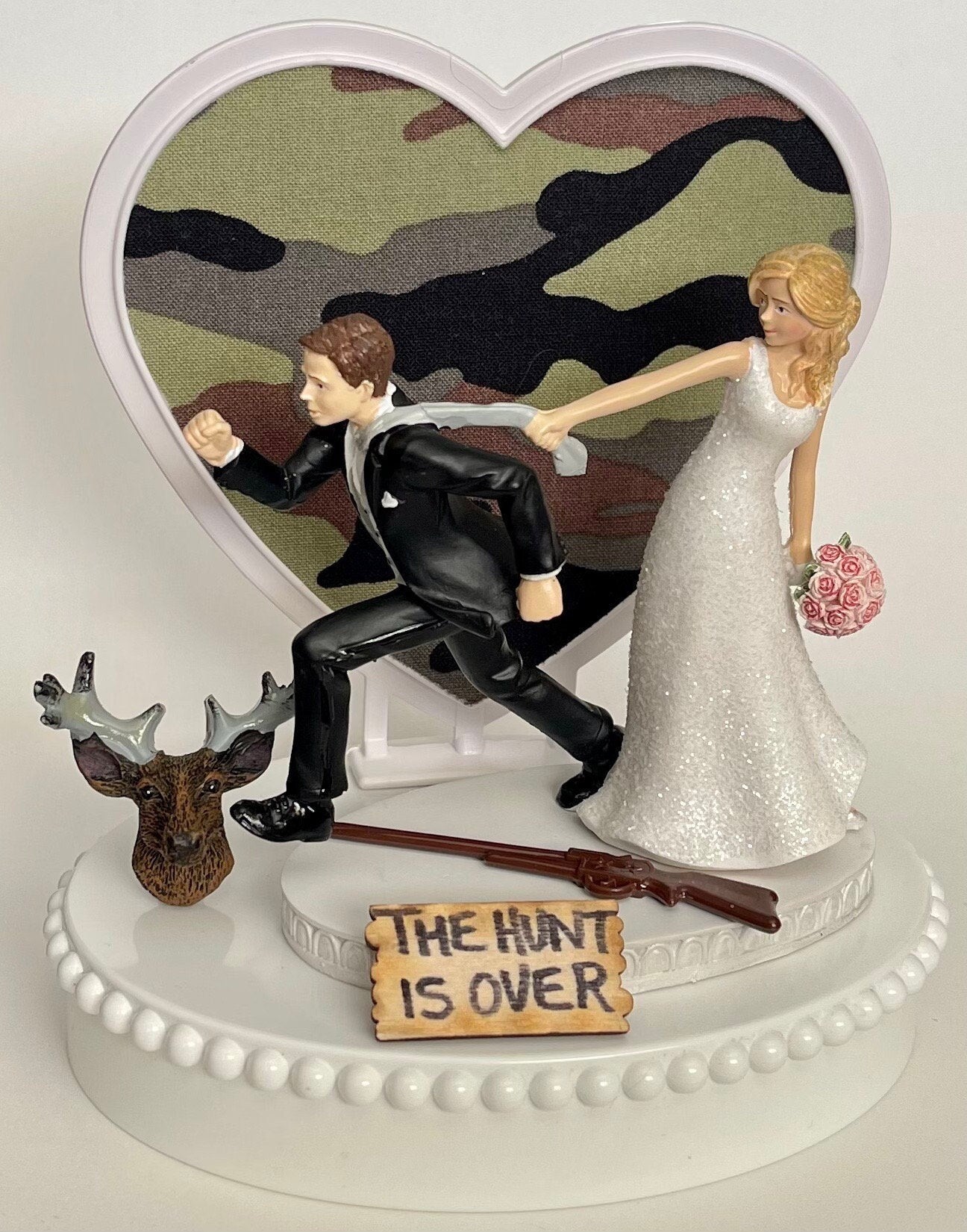 Wedding Cake Topper the Hunt is Over Deer Head Themed Hunting Rifle Funny Bride and Groom Camo Heart Groom's Cake Top Bridal Shower Gift