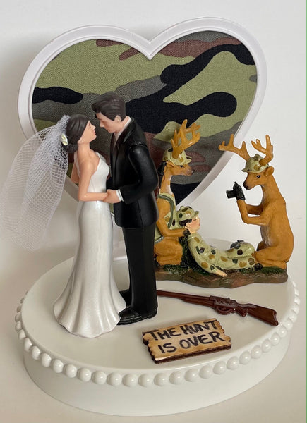Wedding Cake Topper Deer Photography Themed Hunting Photograph Pretty Short-Haired Bride Groom Camo Heart OOAK Bridal Shower Reception Gift