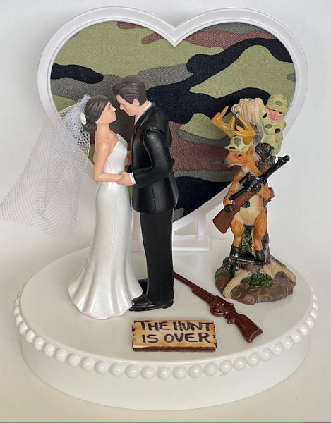 Wedding Cake Topper Orange Vest Hunting Themed the Hunt is Over Pretty Short-Haired Bride Groom Camo Heart OOAK Bridal Shower Reception Gift