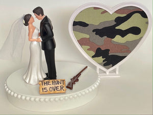 Wedding Cake Topper the Hunt is Over Themed Hunting Rifle Cute Short-Haired Bride Groom Exclusive Green Camo Heart Unique Groom's Cake Top