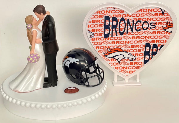 Wedding Cake Topper Denver Broncos Football Themed Beautiful Long-Haired Bride and Groom Sports Fans One-of-a-Kind Reception Bridal Gift
