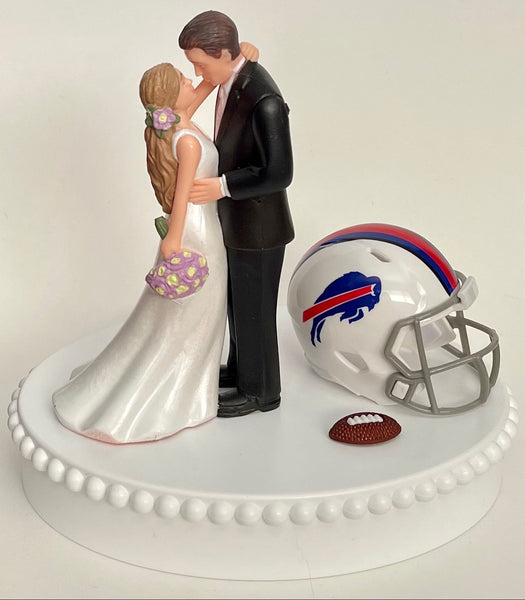 Wedding Cake Topper Buffalo Bills Football Themed Beautiful Long-Haired Bride and Groom Fun Sports Fans One-of-a-Kind Reception Bridal Gift