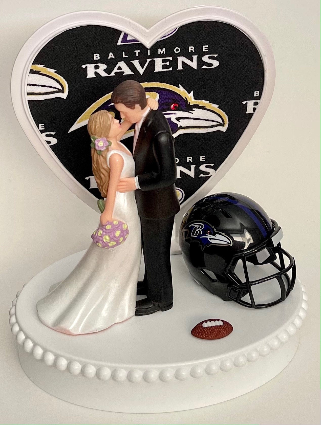 Wedding Cake Topper Baltimore Ravens Football Themed Beautiful Long-Haired Bride and Groom Sports Fans One-of-a-Kind Reception Bridal Gift