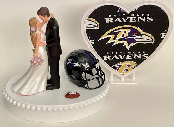 Wedding Cake Topper Baltimore Ravens Football Themed Beautiful Long-Haired Bride and Groom Sports Fans One-of-a-Kind Reception Bridal Gift