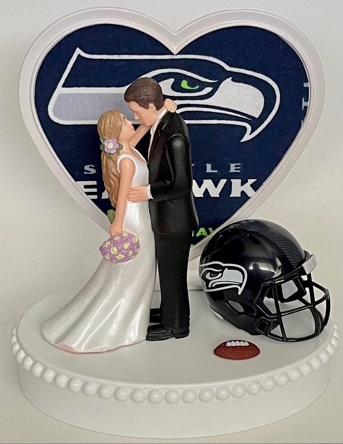 Wedding Cake Topper Seattle Seahawks Football Themed Beautiful Long-Haired Bride Fun Groom Sports Fans One-of-a-Kind Reception Bridal Gift