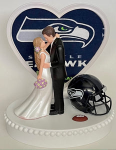Wedding Cake Topper Seattle Seahawks Football Themed Beautiful Long-Haired Bride Fun Groom Sports Fans One-of-a-Kind Reception Bridal Gift