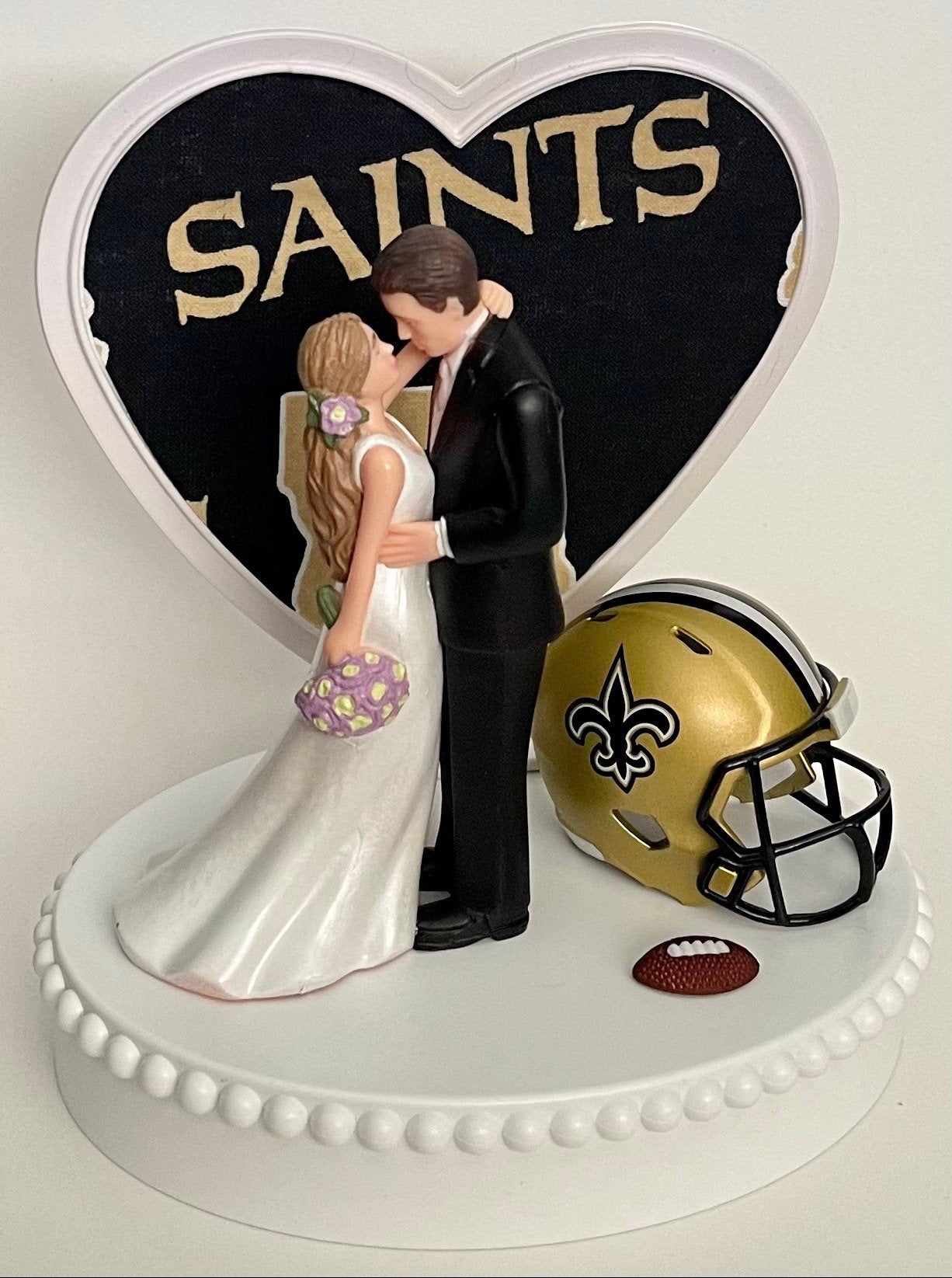 Wedding Cake Topper New Orleans Saints Football Themed Beautiful Long-Haired Bride Groom OOAK Sports Fan Fun Bridal Shower Reception Gift