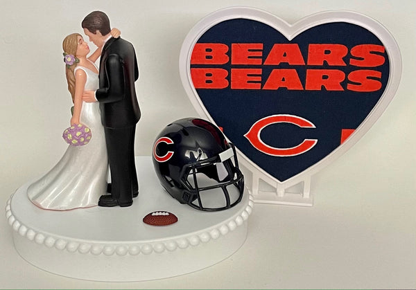 Wedding Cake Topper Chicago Bears Football Themed Beautiful Long-Haired Bride Groom OOAK Sports Fan Fun Bridal Shower Reception Gift