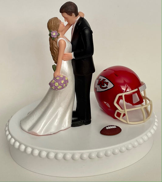 Wedding Cake Topper Kansas City Chiefs Football Themed Beautiful Long-Haired Bride KC Groom OOAK Sports Fan Fun Bridal Shower Reception Gift