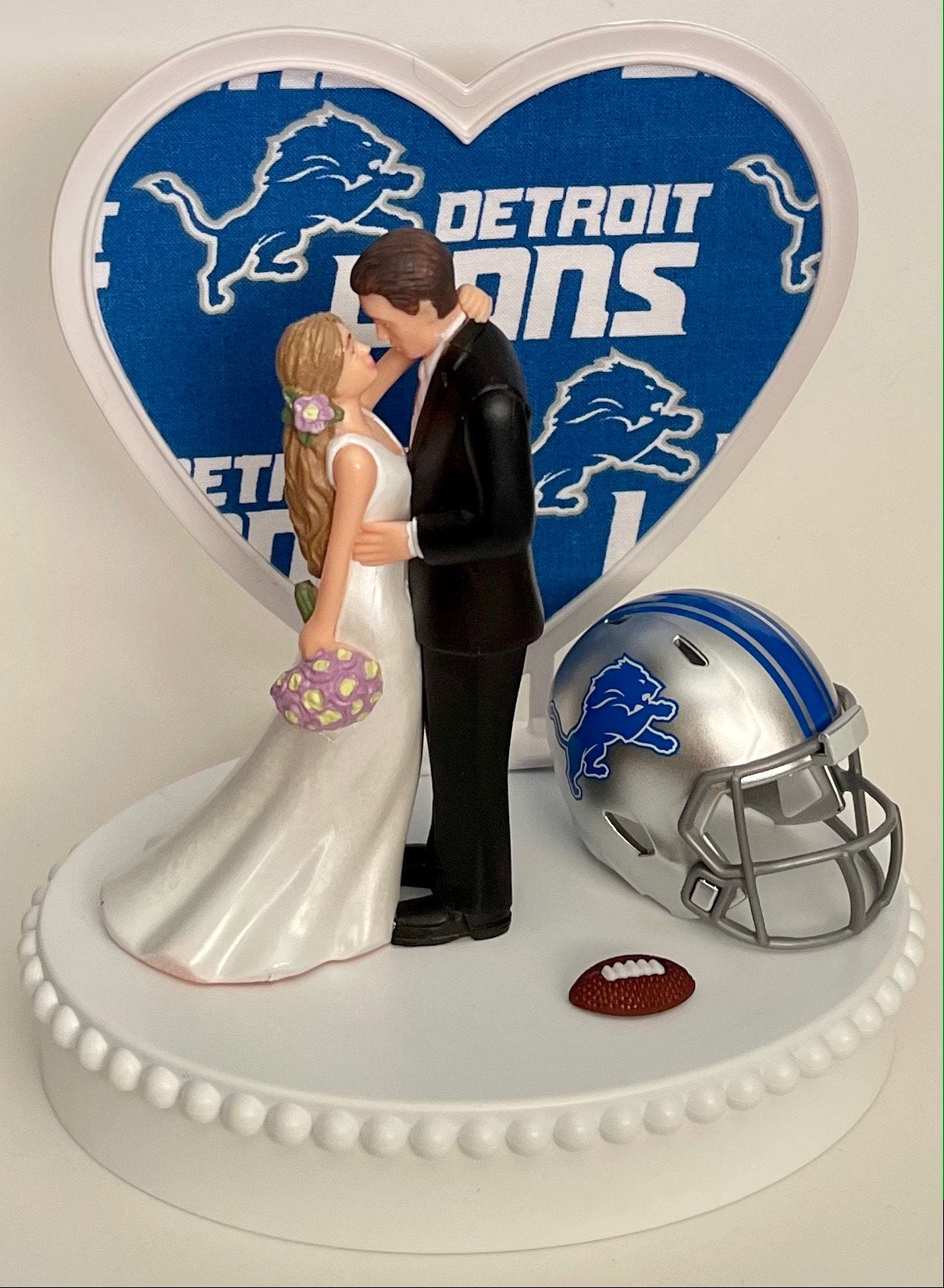 Wedding Cake Topper Detroit Lions Football Themed Beautiful Long-Haired Bride Groom OOAK Fun Sports Fan Fun Bridal Shower Reception Gift