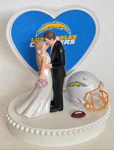 Wedding Cake Topper Los Angeles Chargers Football Themed Beautiful Long-Haired Bride Groom OOAK Sports Fan Fun Bridal Shower Reception Gift