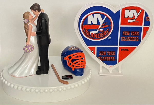 Wedding Cake Topper New York Islanders Hockey Themed NY Gorgeous Long-Haired Bride and Groom Fun Groom's Cake Top Reception Shower Gift Idea