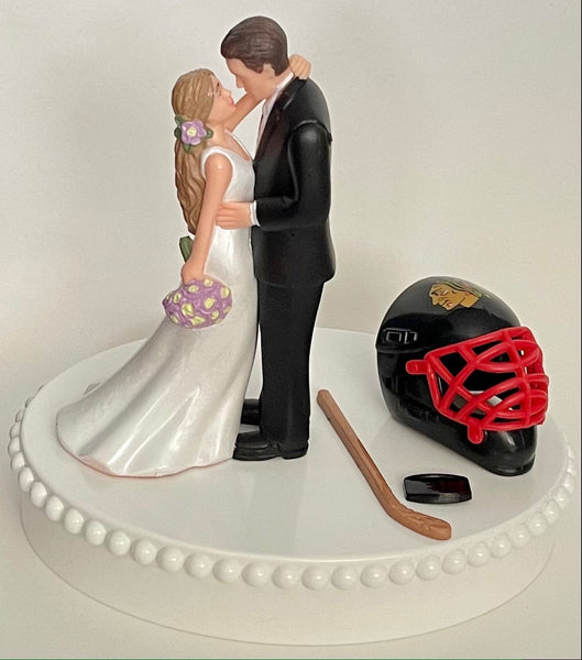 Wedding Cake Topper Chicago Blackhawks Hockey Themed Gorgeous Long-Haired Bride and Groom Fun Groom's Cake Top Reception Shower Gift Idea
