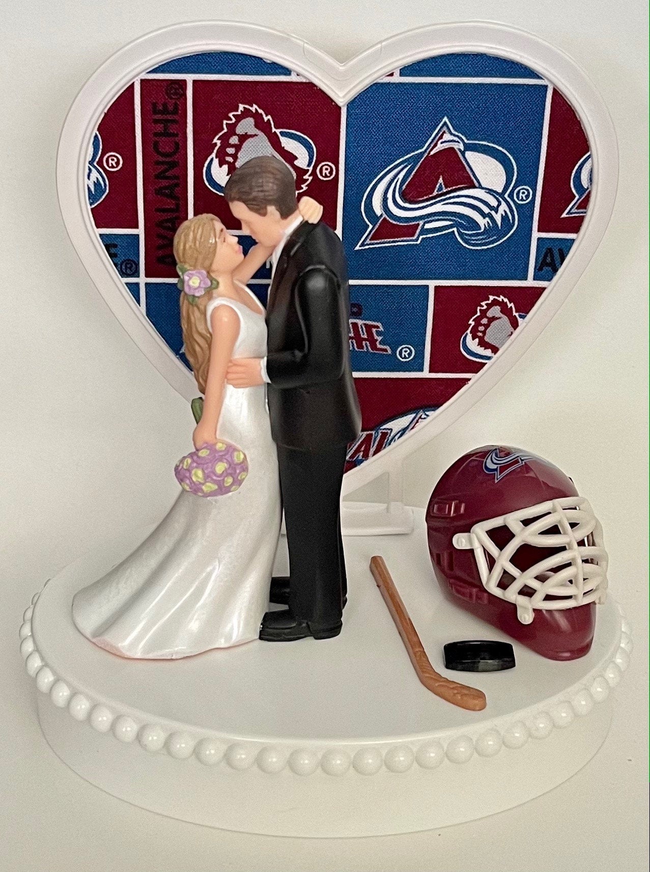 Wedding Cake Topper Colorado Avalanche Hockey Themed Gorgeous Long-Haired Bride and Groom Fun Groom's Cake Top Reception Shower Gift Idea