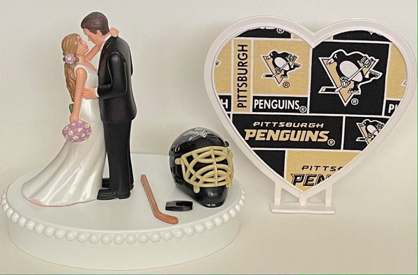 Wedding Cake Topper Pittsburgh Penguins Hockey Themed Gorgeous Long-Haired Bride and Groom Fun Groom's Cake Top Reception Shower Gift Idea
