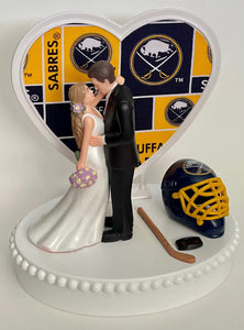 Wedding Cake Topper Buffalo Sabres Hockey Themed Gorgeous Long-Haired Bride and Groom Fun Groom's Cake Top Reception Shower Gift Idea