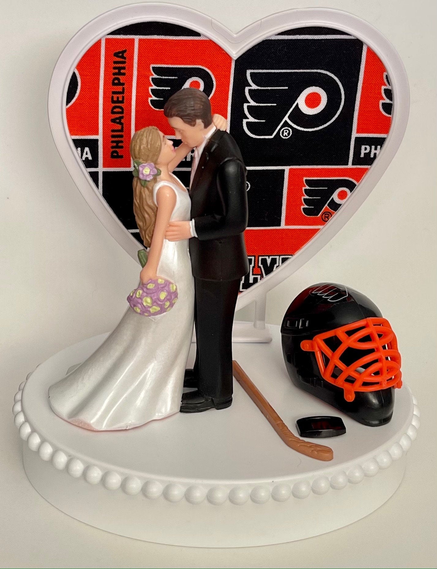 Wedding Cake Topper Philadelphia Flyers Hockey Themed Beautiful Long-Haired Bride and Groom Fun Groom's Cake Top Shower Gift Idea Reception