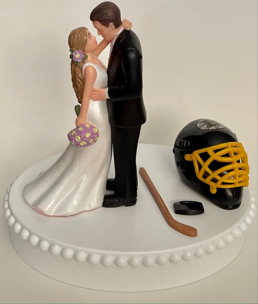 Wedding Cake Topper Boston Bruins Hockey Themed Beautiful Long-Haired Bride and Groom Fun Groom's Cake Top Shower Gift Idea Reception