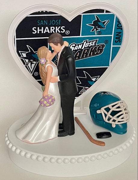 Wedding Cake Topper San Jose Sharks Hockey Themed Beautiful Long-Haired Bride and Groom Fun Groom's Cake Top Shower Gift Idea Reception