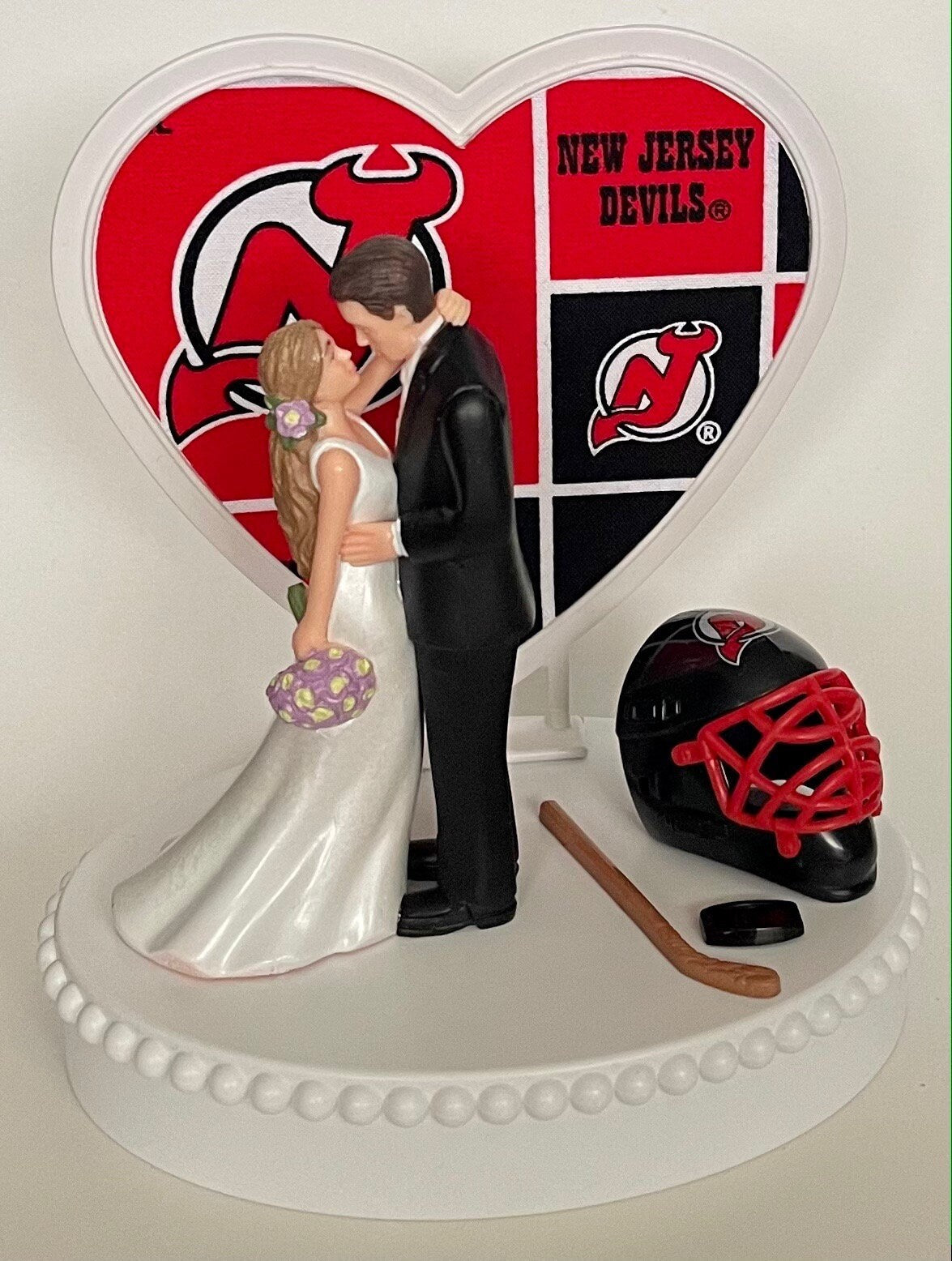 Wedding Cake Topper New Jersey Devils Hockey Themed Beautiful Long-Haired Bride and Groom Fun Groom's Cake Top Shower Gift Idea Reception