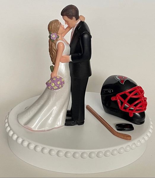 Wedding Cake Topper New Jersey Devils Hockey Themed Beautiful Long-Haired Bride and Groom Fun Groom's Cake Top Shower Gift Idea Reception