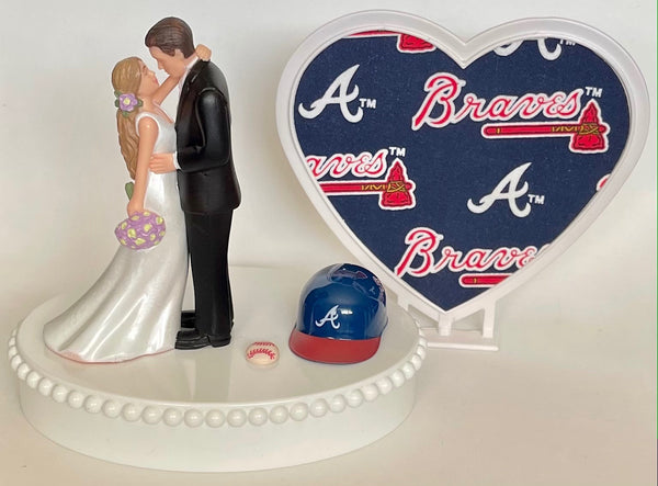 Wedding Cake Topper Atlanta Braves Baseball Themed Beautiful Long-Haired Bride and Groom Fun Groom's Cake Top Shower Gift Idea Reception