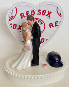 Wedding Cake Topper Boston Red Sox Baseball Themed Beautiful Long-Haired Bride and Groom Fun Groom's Cake Top Shower Gift Idea Reception
