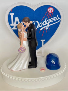 Wedding Cake Topper Los Angeles Dodgers Baseball Themed LA Beautiful Long-Haired Bride Groom Fun Groom's Cake Top Shower Gift Idea Reception