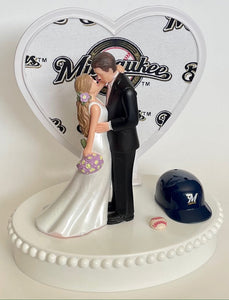 Wedding Cake Topper Milwaukee Brewers Baseball Themed Beautiful Long-Haired Bride and Groom Fun Groom's Cake Top Shower Gift Idea Reception