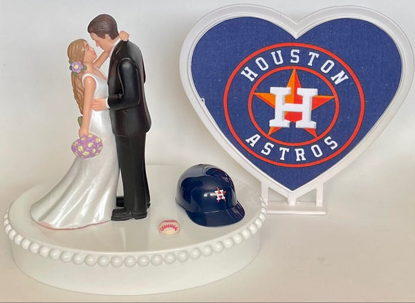 Wedding Cake Topper Houston Astros Baseball Themed Beautiful Long-Haired Bride and Groom Fun Groom's Cake Top Shower Gift Idea Reception