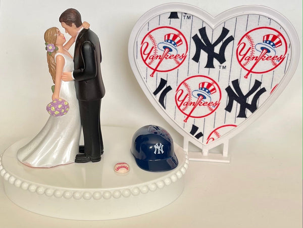 Wedding Cake Topper New York Yankees Baseball Themed Beautiful Long-Haired Bride and Groom Fun Groom's Cake Top Shower Gift Idea Reception