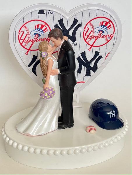 Wedding Cake Topper New York Yankees Baseball Themed Beautiful Long-Haired Bride and Groom Fun Groom's Cake Top Shower Gift Idea Reception