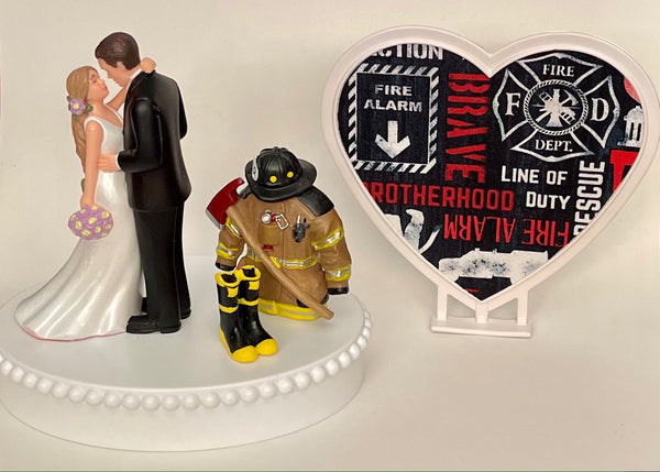 Wedding Cake Topper Fireman Themed Firefighter Fire Axe Uniform Beautiful Long-Haired Bride Groom Heart Bridal Shower Reception Gift Idea