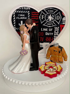 Wedding Cake Topper Maltese Cross Firefighter Themed Fireman Uniform Pretty Long-Haired Bride Groom Heart Bridal Shower Reception Gift Idea